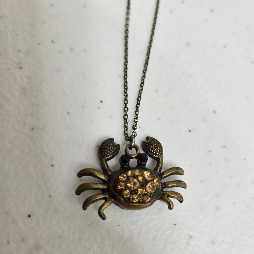 Crab Necklace Rhinestone Gold Tone Tan Orange Figural Novelty Charm Pendant